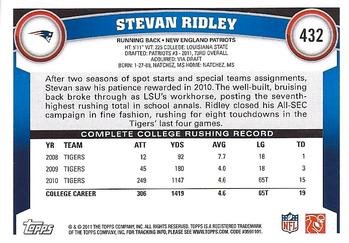 2011 Topps #432 Stevan Ridley Back
