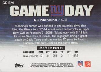 2011 Topps - Game Day #GD-EM Eli Manning Back