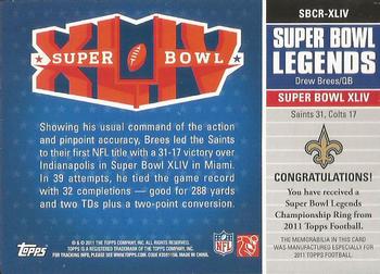 2011 Topps - Super Bowl Legends Ring Relic #SBCR-XLIV Drew Brees Back
