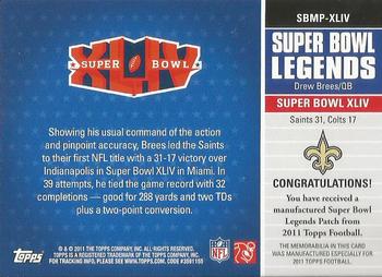 2011 Topps - Super Bowl Legends Super Bowl Patch #SBMPXLIV Drew Brees Back