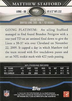 2011 Topps Platinum #9 Matthew Stafford Back