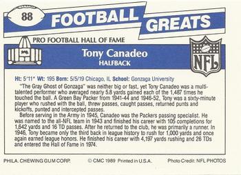 1989 Swell Greats #88 Tony Canadeo Back