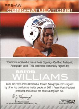 2011 Press Pass - Autographs Bronze #PPS-AW Aaron Williams Back