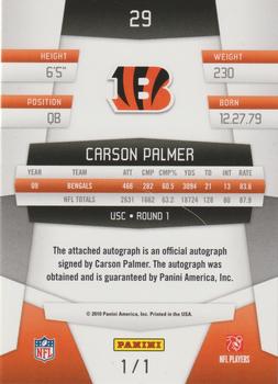 2010 Panini Certified - Mirror Black Signatures #29 Carson Palmer  Back