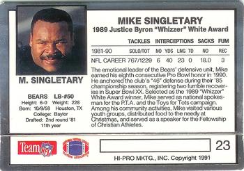 1991 Action Packed Whizzer White Award #23 Mike Singletary Back