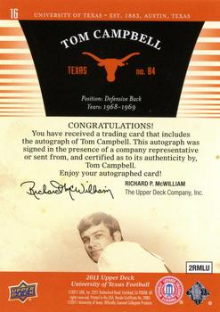 2011 Upper Deck University of Texas - Autographs #16 Tom Campbell Back