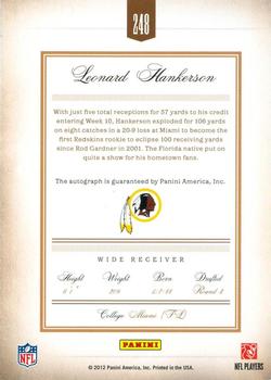 2011 Panini Prime Signatures #248 Leonard Hankerson Back