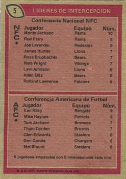1977 Topps Mexican #5 1976 NFL Interception Leaders (Monte Jackson / Ken Riley) Back