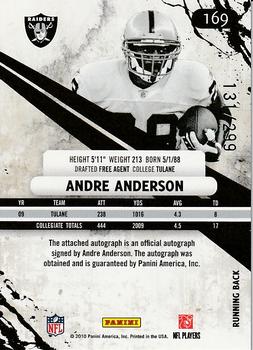 2010 Panini Rookies & Stars - Rookie Autographs Holofoil #169 Andre Anderson  Back
