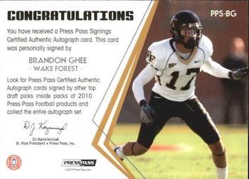 2010 Press Pass - Press Pass Signings Autographs Bronze #PPS-BG Brandon Ghee  Back