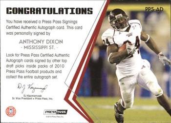2010 Press Pass - Press Pass Signings Autographs Silver #PPS-AD Anthony Dixon Back