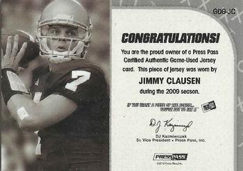 2010 Press Pass PE - Game Day Gear Jerseys Silver #GDG-JC Jimmy Clausen  Back