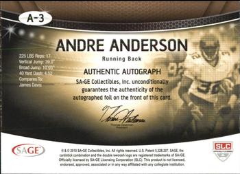2010 SAGE - Autographs Gold #A-3 Andre Anderson  Back