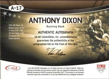2010 SAGE - Autographs Gold #A-17 Anthony Dixon  Back