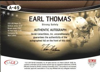 2010 SAGE - Autographs Gold #A-49 Earl Thomas  Back
