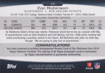 2010 Topps Platinum - Rookie Autographs Blue Refractors #35 Zac Robinson  Back