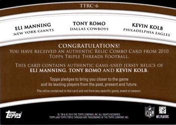 2010 Topps Triple Threads - Relic Combos Sepia #TTRC-6 Eli Manning / Tony Romo / Kevin Kolb  Back