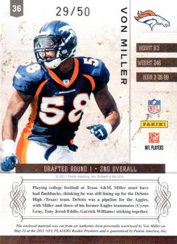 2011 Panini Plates & Patches - Rookie Jumbo Materials #36 Von Miller Back