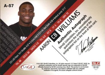 2011 SAGE - Autographs Silver #A-57 Aaron Williams Back