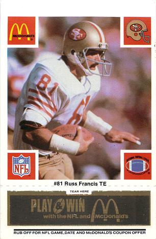 1986 McDonald's San Francisco 49ers - Full Game Pieces - Week 2 Black/Gray Tab #NNO Russ Francis Front