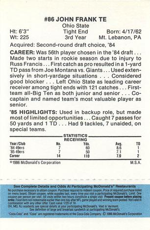 1986 McDonald's San Francisco 49ers - Full Game Pieces - Week 1 Blue Tab #NNO John Frank Back