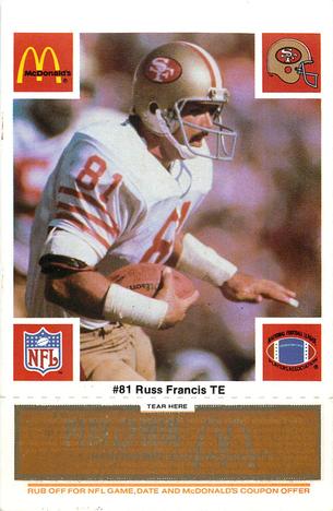 1986 McDonald's San Francisco 49ers - Full Game Pieces - Week 3 Gold/Orange Tab #NNO Russ Francis Front