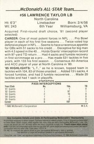 1986 McDonald's All-Star Team - Full Game Pieces: Week 2 Black/Gray Tab #NNO Lawrence Taylor Back