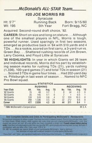 1986 McDonald's All-Star Team - Full Game Pieces: Week 1 Blue Tab #NNO Joe Morris Back