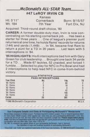 1986 McDonald's All-Star Team - Full Game Pieces: Week 1 Blue Tab #NNO LeRoy Irvin Back