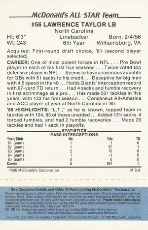 1986 McDonald's All-Star Team - Full Game Pieces: Week 1 Blue Tab #NNO Lawrence Taylor Back
