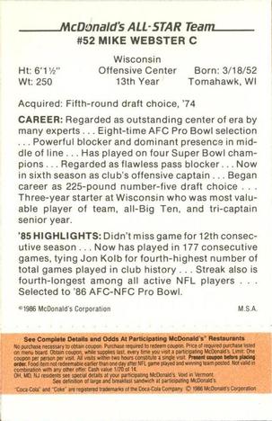1986 McDonald's All-Star Team - Full Game Pieces: Week 3 Gold/Orange Tab #NNO Mike Webster Back