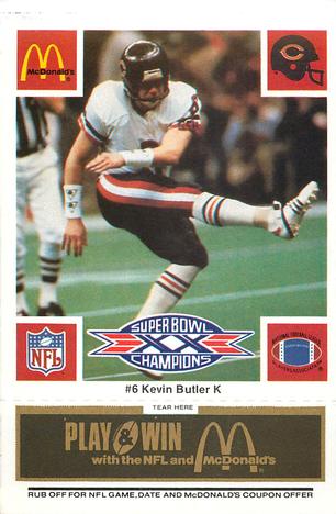 1986 McDonald's Chicago Bears - Full Game Pieces - Week 2 Black/Gray Tab #NNO Kevin Butler Front