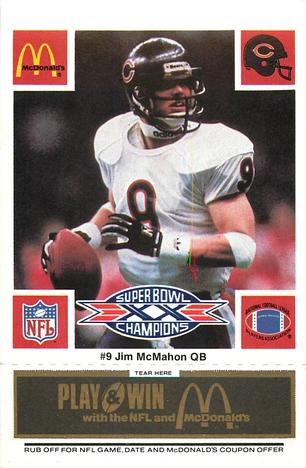 1986 McDonald's Chicago Bears - Full Game Pieces - Week 2 Black/Gray Tab #NNO Jim McMahon Front
