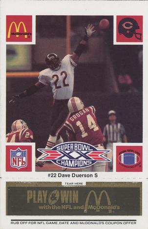 1986 McDonald's Chicago Bears - Full Game Pieces - Week 2 Black/Gray Tab #NNO Dave Duerson Front