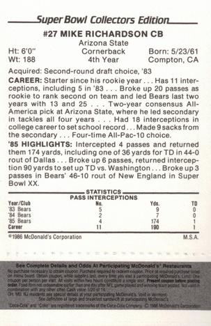 1986 McDonald's Chicago Bears - Full Game Pieces - Week 2 Black/Gray Tab #NNO Mike Richardson Back
