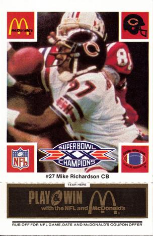 1986 McDonald's Chicago Bears - Full Game Pieces - Week 2 Black/Gray Tab #NNO Mike Richardson Front