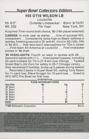 1986 McDonald's Chicago Bears - Full Game Pieces - Week 2 Black/Gray Tab #NNO Otis Wilson Back