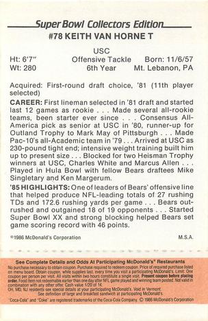 1986 McDonald's Chicago Bears - Full Game Pieces - Week 3 Gold/Orange Tab #NNO Keith Van Horne Back