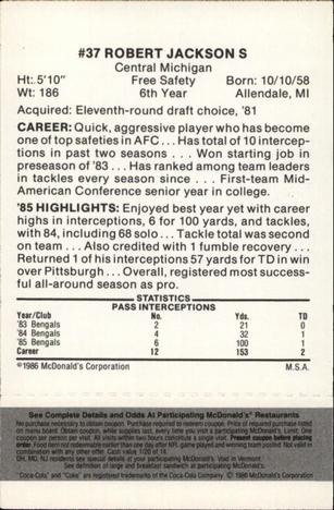 1986 McDonald's Cincinnati Bengals - Full Game Pieces - Week 2 Black/Gray Tab #NNO Robert Jackson Back