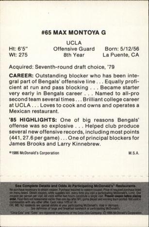 1986 McDonald's Cincinnati Bengals - Full Game Pieces - Week 2 Black/Gray Tab #NNO Max Montoya Back