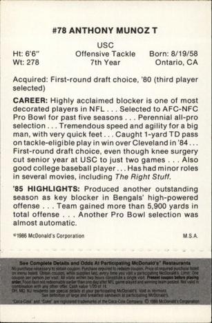 1986 McDonald's Cincinnati Bengals - Full Game Pieces - Week 2 Black/Gray Tab #NNO Anthony Munoz Back