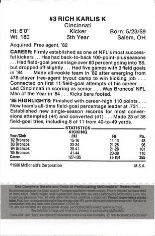 1986 McDonald's Denver Broncos - Full Game Pieces - Week 2 Black/Gray Tab #NNO Rich Karlis Back