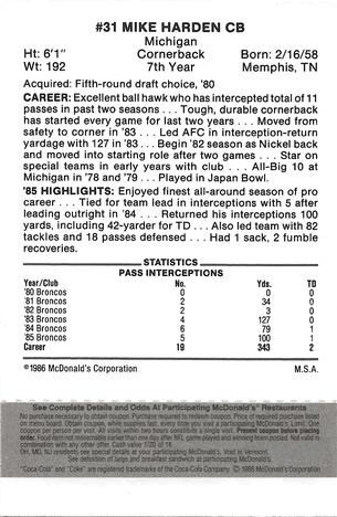 1986 McDonald's Denver Broncos - Full Game Pieces - Week 2 Black/Gray Tab #NNO Mike Harden Back