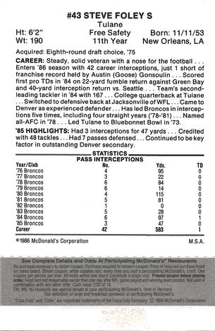 1986 McDonald's Denver Broncos - Full Game Pieces - Week 2 Black/Gray Tab #NNO Steve Foley Back