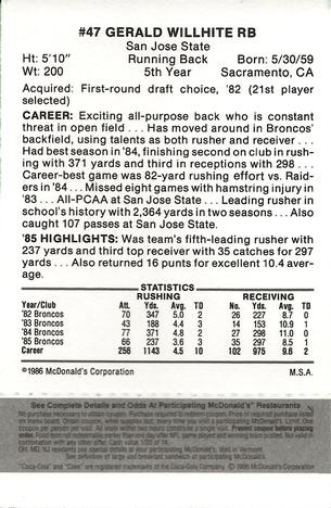 1986 McDonald's Denver Broncos - Full Game Pieces - Week 2 Black/Gray Tab #NNO Gerald Willhite Back