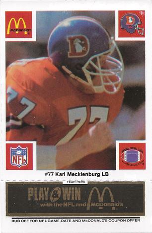 1986 McDonald's Denver Broncos - Full Game Pieces - Week 2 Black/Gray Tab #NNO Karl Mecklenburg Front