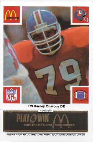 1986 McDonald's Denver Broncos - Full Game Pieces - Week 2 Black/Gray Tab #NNO Barney Chavous Front