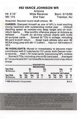 1986 McDonald's Denver Broncos - Full Game Pieces - Week 2 Black/Gray Tab #NNO Vance Johnson Back