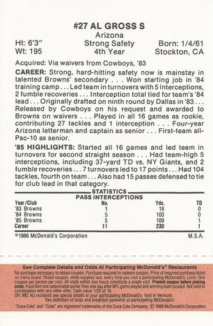 1986 McDonald's Cleveland Browns - Full Game Pieces - Week 3 Gold/Orange Tab #NNO Al Gross Back