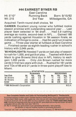 1986 McDonald's Cleveland Browns - Full Game Pieces - Week 3 Gold/Orange Tab #NNO Earnest Byner Back